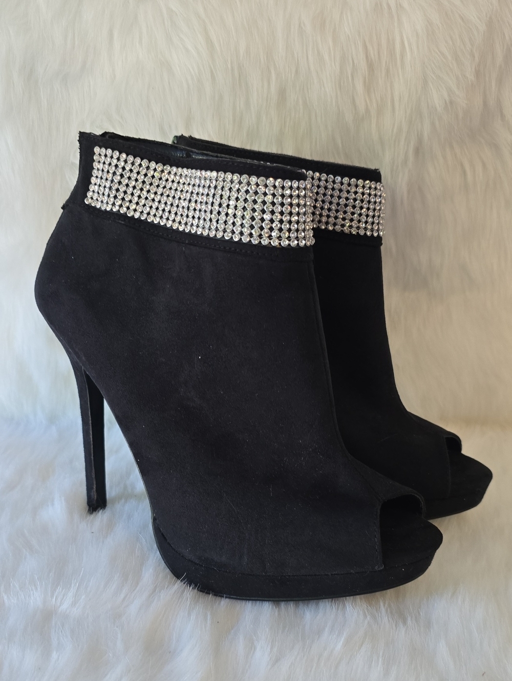 Touch of Nina Black Suede Peep-Toe Booties with Crystal Cuff